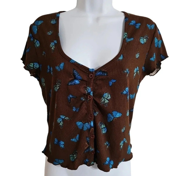 Rue 21 Large Brown Blue Butterfly Button down Midriff Vintage Peasant Y2K Blouse - Picture 2 of 6